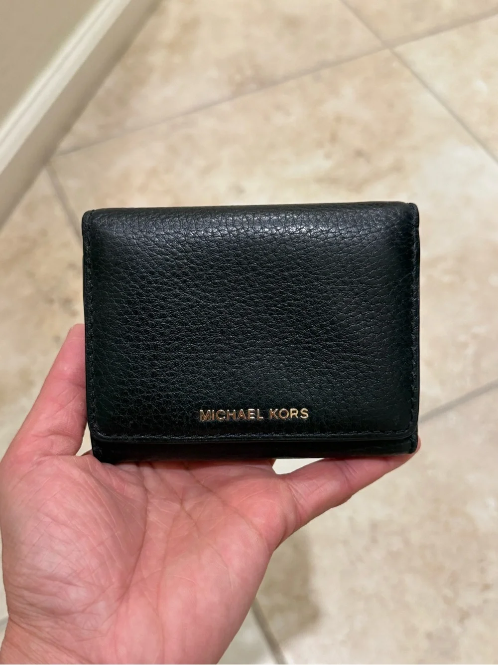 Michael Kors Black Pebbled Leather Compact Card Holder with Gold Logo